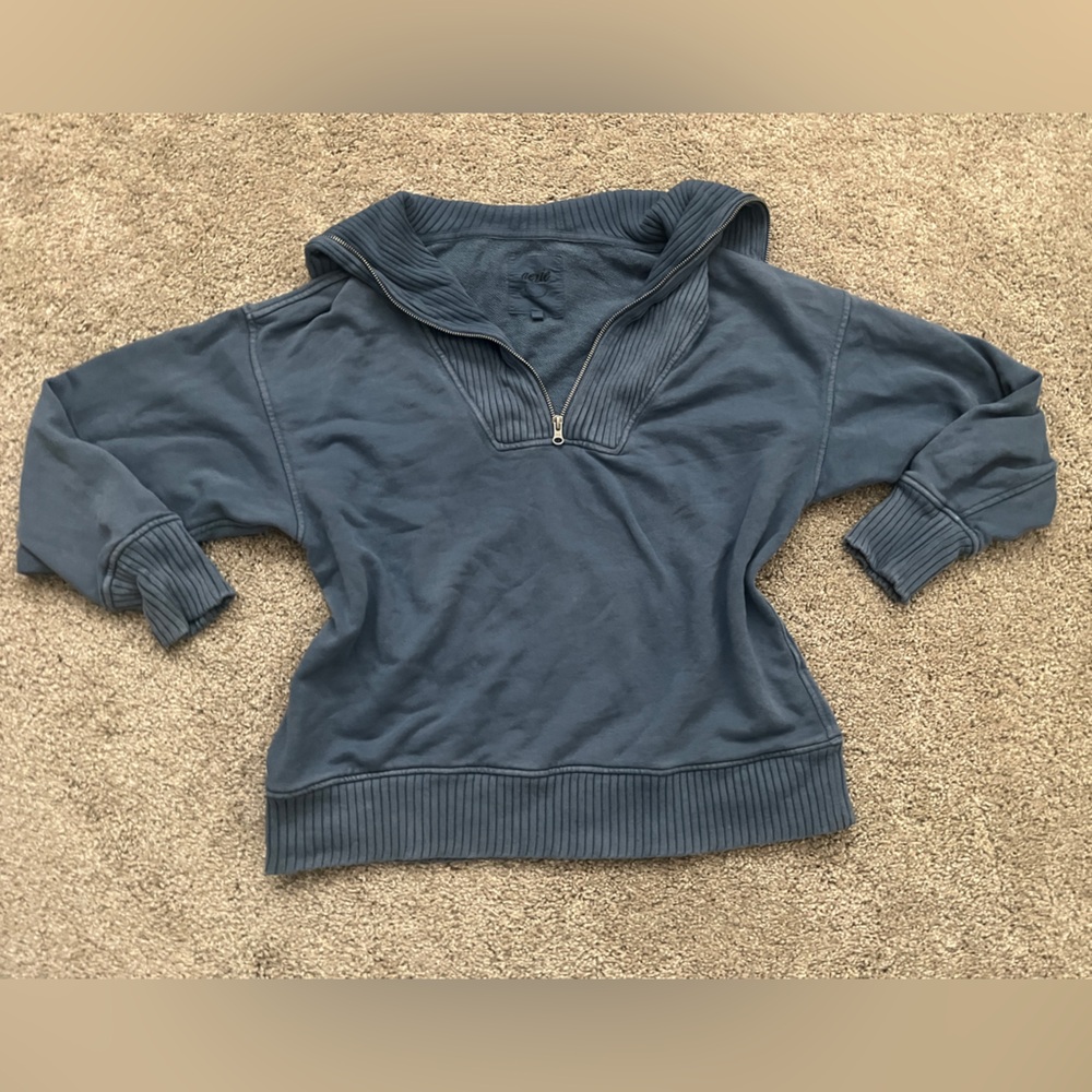 Aerie Slate Blue Knit Quarter Zip V Neck Pullover